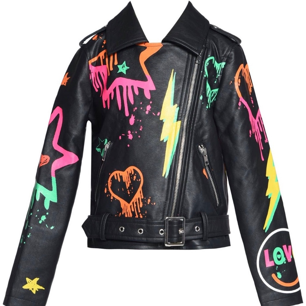 Hannah Banana Girls’ Neon Graffiti Faux-Leather Biker Jacket